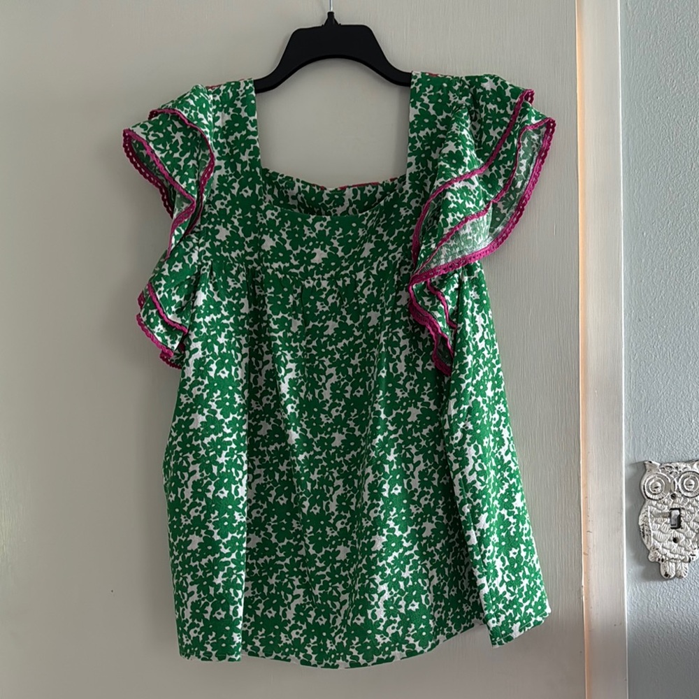 ODDY Green and Pink Ruffled Sleeveless Blouse - Picture 2 of 3